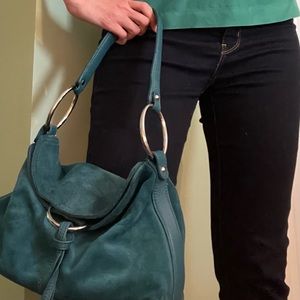 Teal Suede Alfani Bag, Fringe Accent/Slouchy/Summer Bag/Fringe/SW/Turquoise/Teal